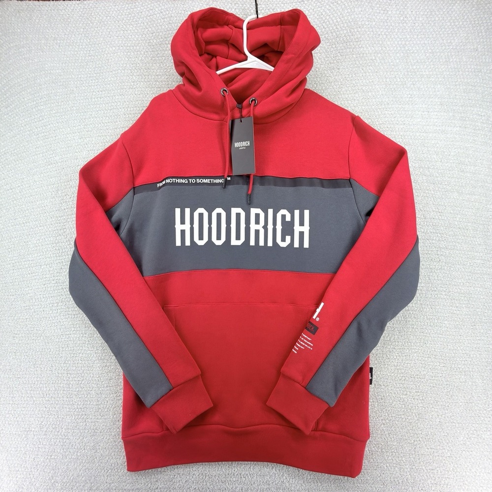 NWT Hoodrich Hoodie Mens Medium Red Gray Colorblock Logo Pullover Sweatshirt